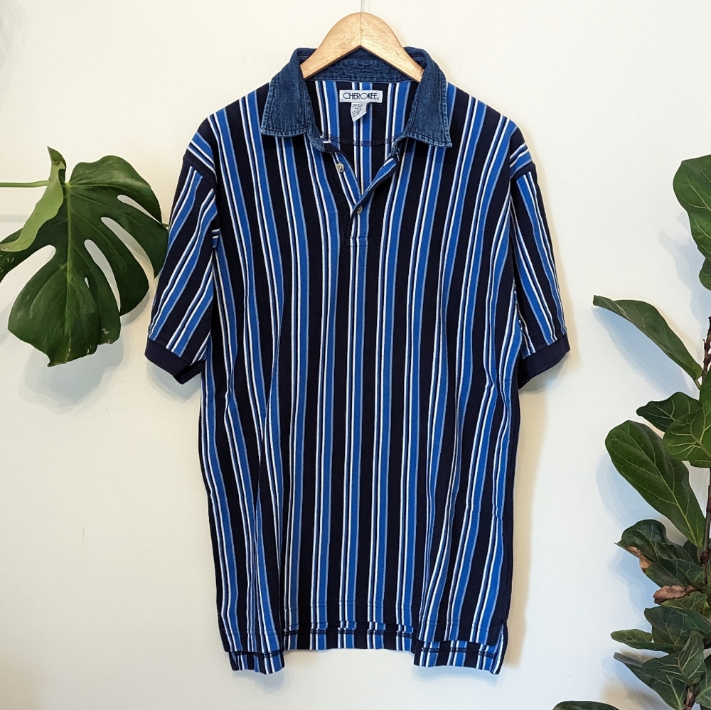 Cherokee | VTG | Denim Collar + Cotton Striped Polo Retro